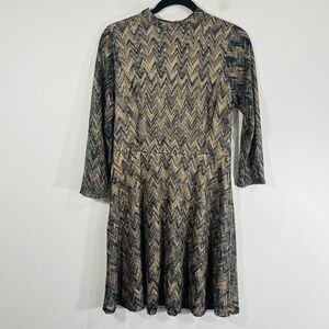 Dina Be Francesca's Navy Tan Herringbone Mock Neck Fit &‎ Flare Dress Women's L